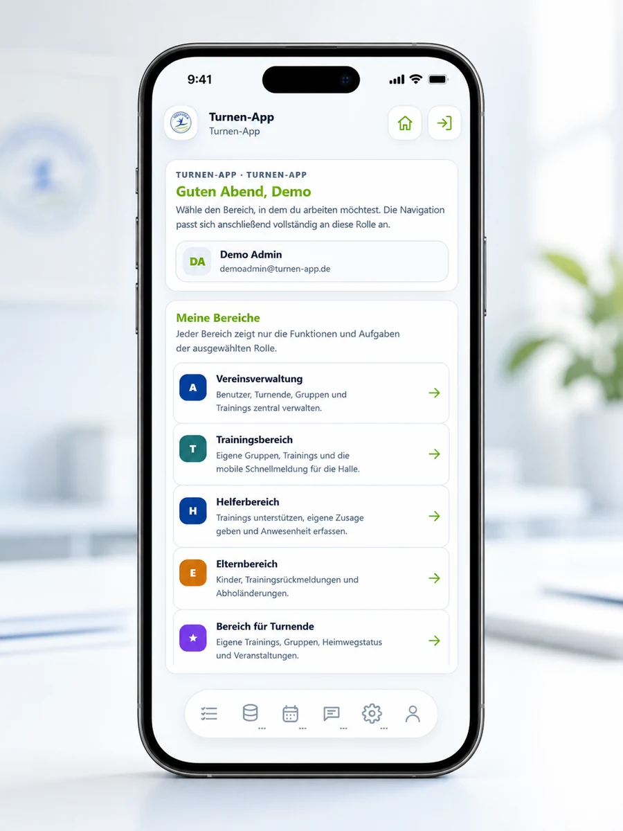 Mobile Bereichsauswahl der Turnen-App